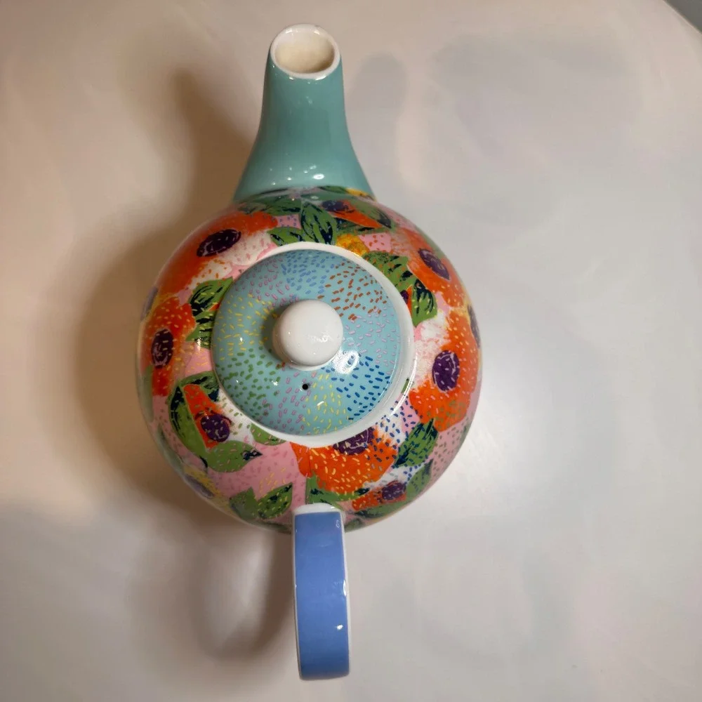 Oliver Bonas Floral Teapot Ceramic Pink Blue Orange Abstract Tea‎ Pot UK Design